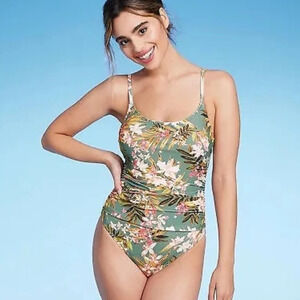 NWT Kona Sol Women's Tropical Floral Print Shirred One Piece Swimsuit M 8-10